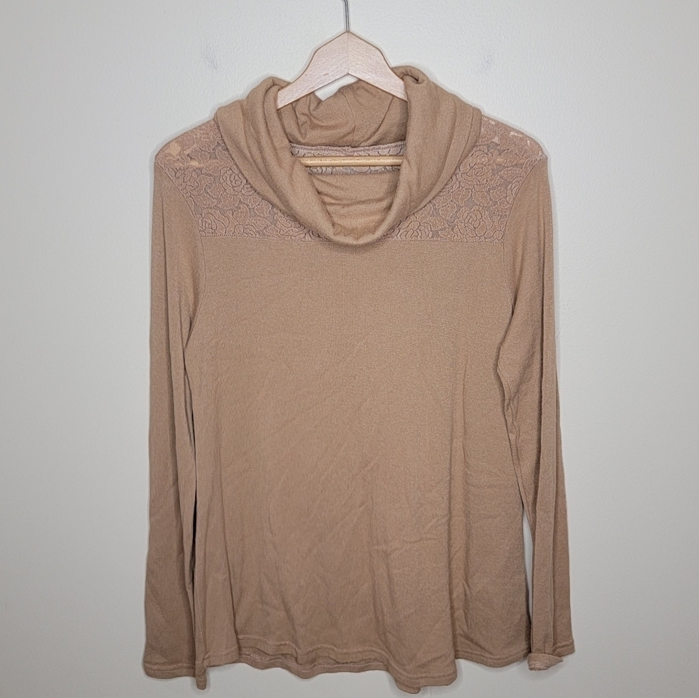 Kori Tan Cowl Neck Sweater with Lace Upper Size Medium Neutral Classic